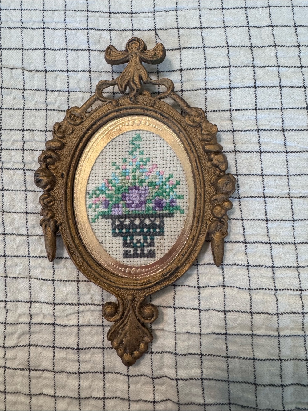 Ornate Gold Framed Floral Cross-Stitch Wall Accent - Gold